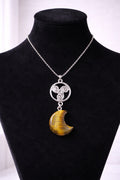 Tiger’s Eye Crescent Moon Necklace with Triskele Symbol – Protection & Strength Crystal Pendant