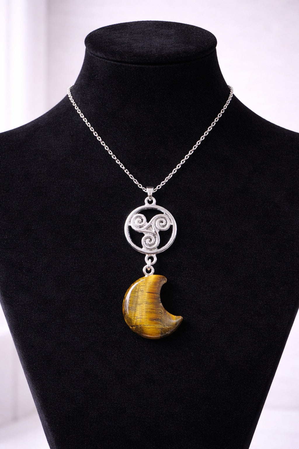 Tiger’s Eye Crescent Moon Necklace with Triskele Symbol – Protection & Strength Crystal Pendant