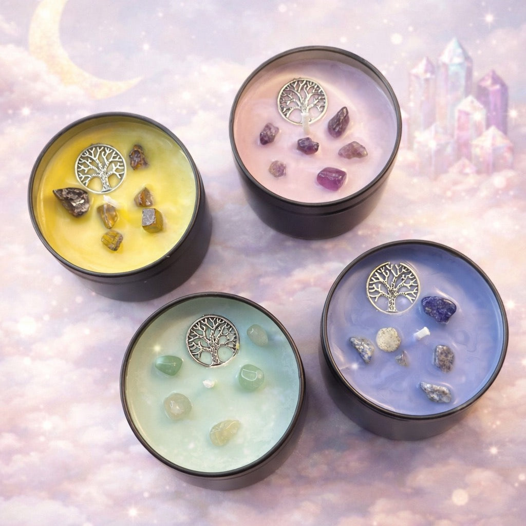 🌳 Crystal Candle Collection – 4 × Scented Soy Candles (Crystal-Infused)