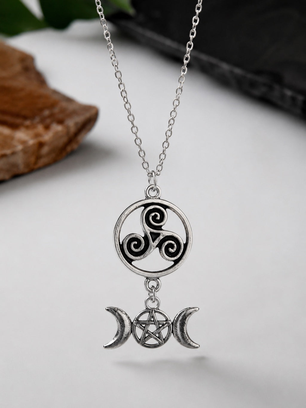 Triple Moon Triskelion Necklace – Pagan Protection & Lunar Symbolism