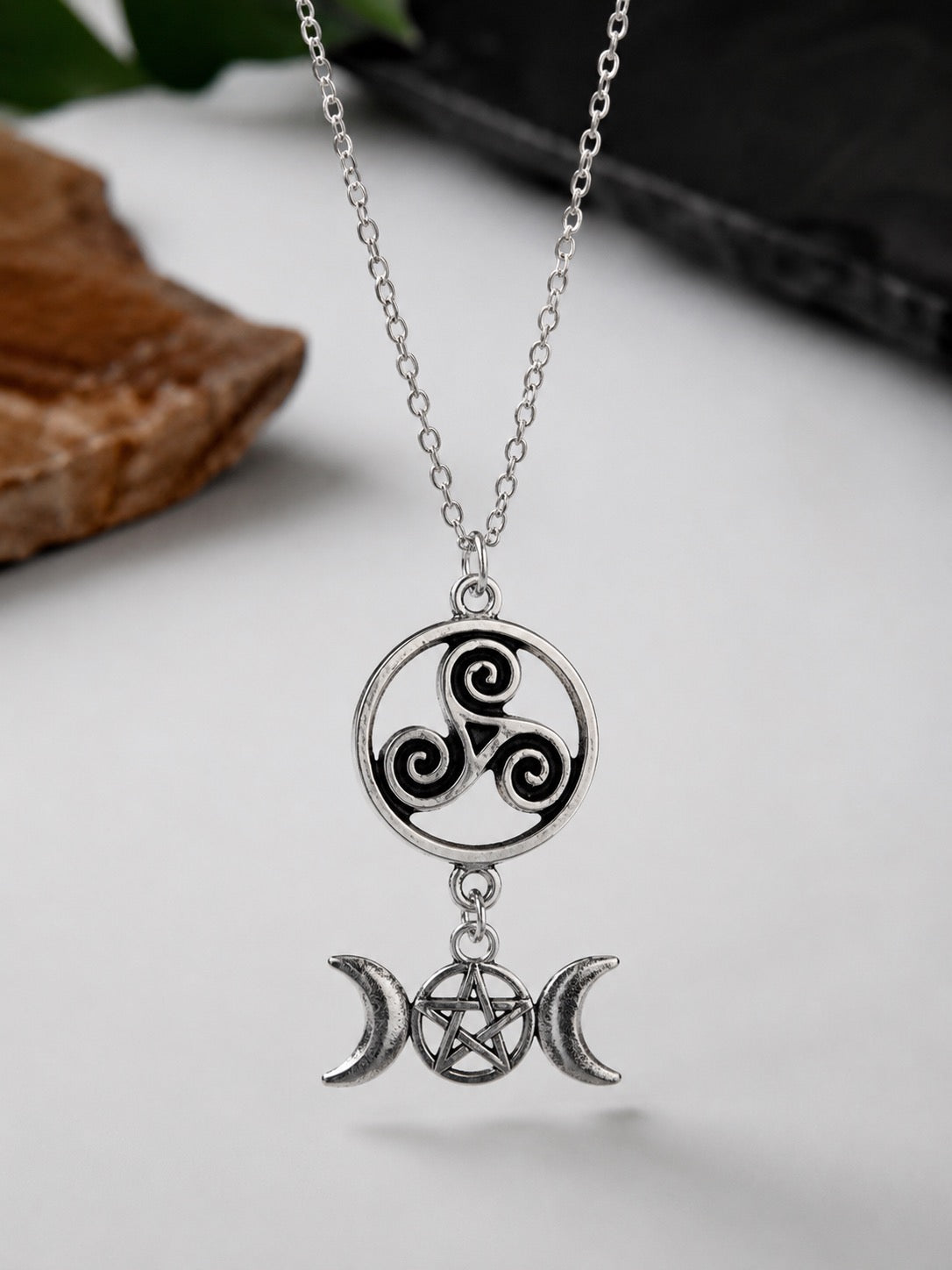 Triple Moon Triskelion Necklace – Pagan Protection & Lunar Symbolism
